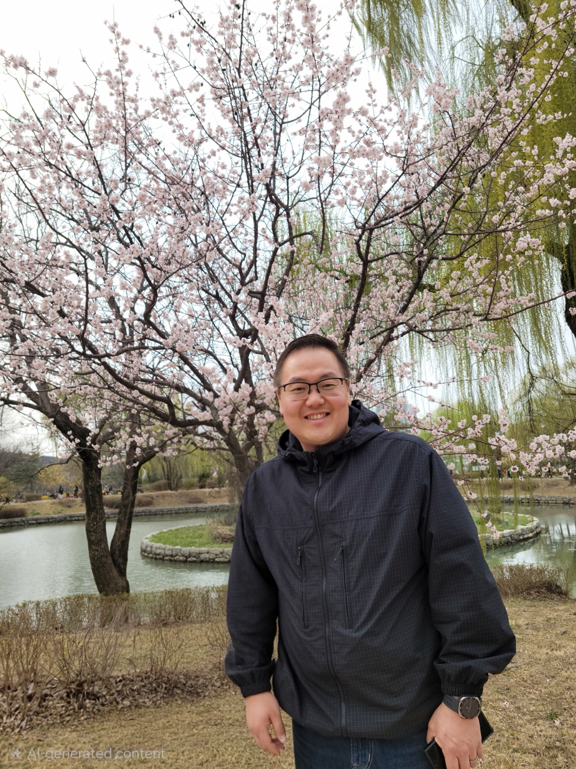 Andrew Hackett standing beneath cherry blossoms in Korea