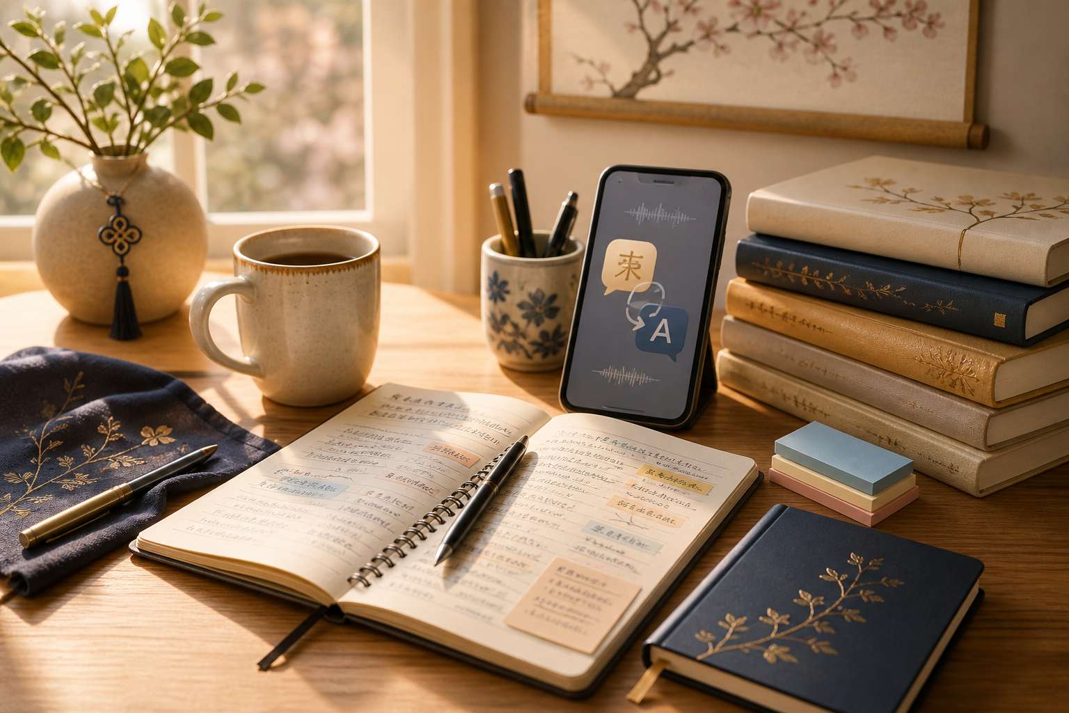 Books, notebook, and media tools on a warm desk