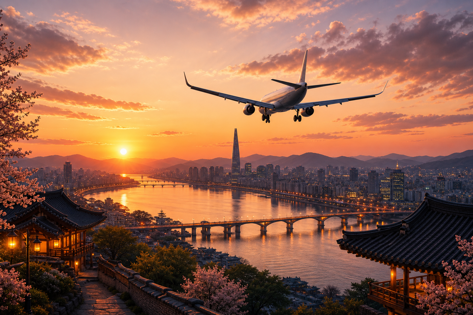 Airplane over Korea at sunset