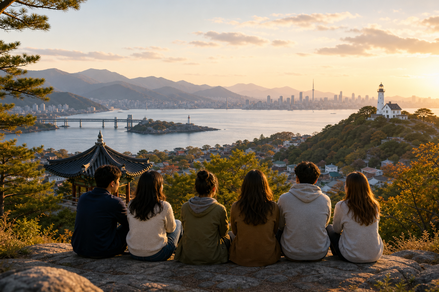 People looking over a calm landscape