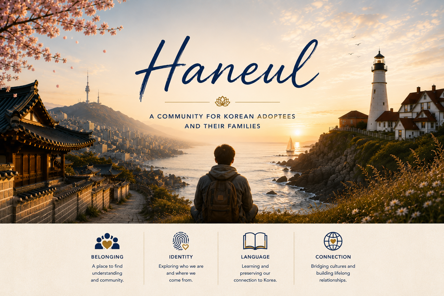 Haneul, a community for Korean adoptees and their families, shown between Korean and New England coastal landscapes.
