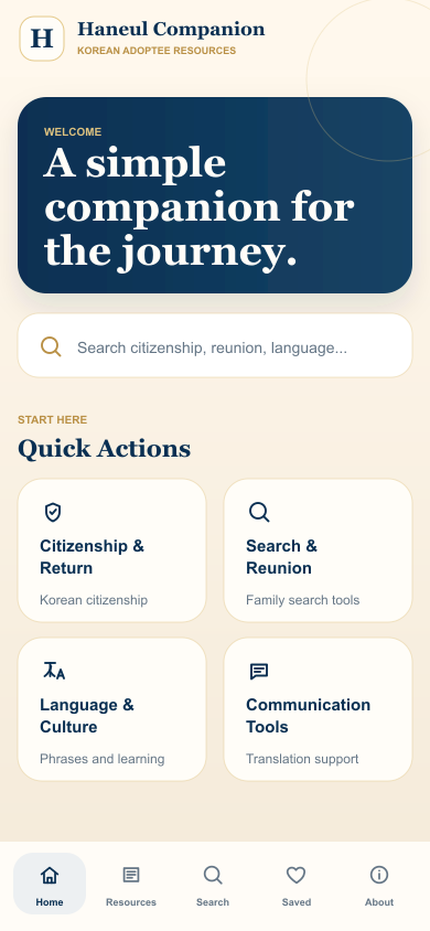 Haneul Companion mobile home screen showing quick actions and resource cards